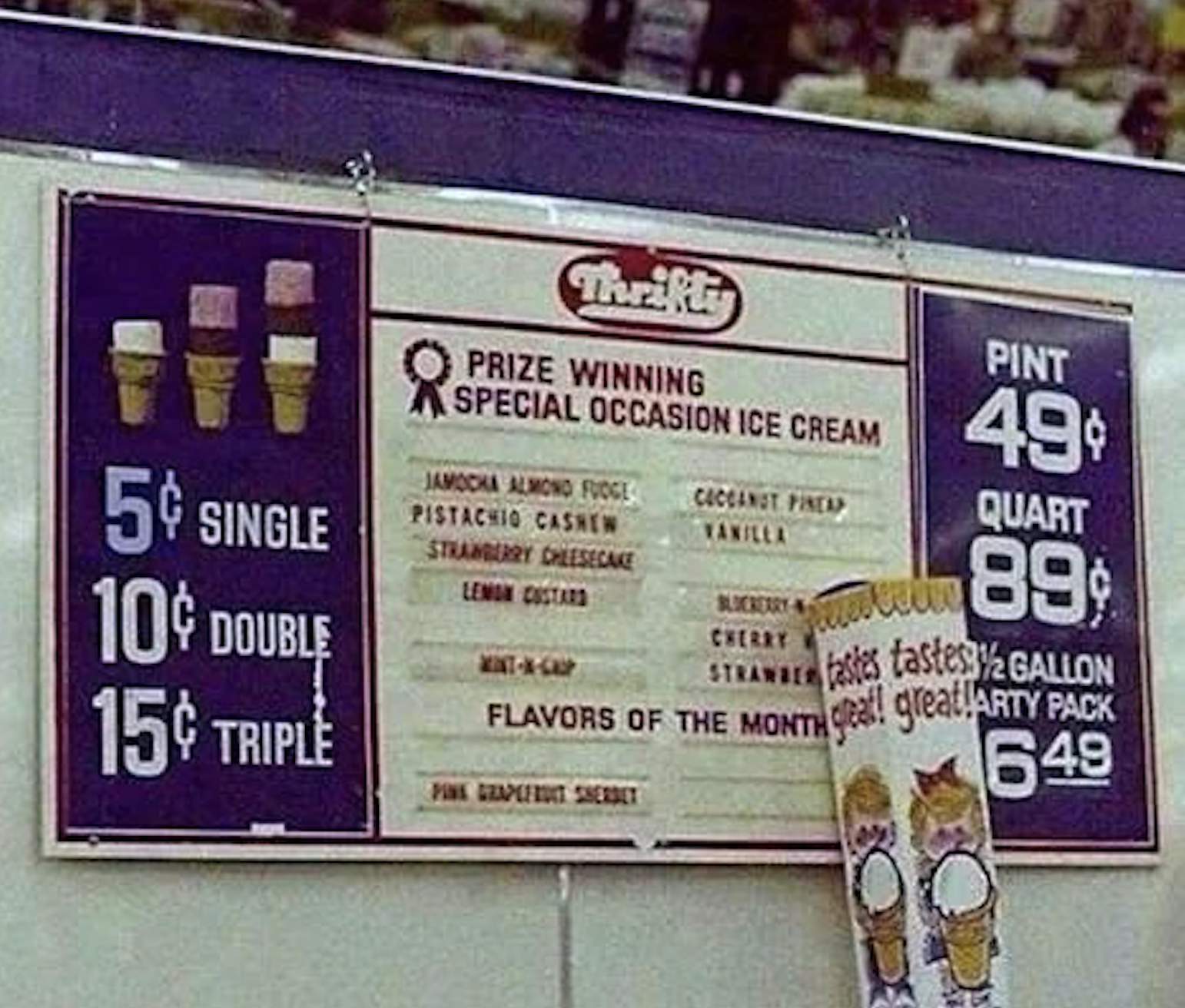 A vintage ice cream menu reminiscent of Vintage Fast-Food Photos displays cone prices: 5¢ single, 10¢ double, 15¢ triple. Pints are 49¢, quarts 89¢, half-gallons $1.69. Flavors and specials appear on the sign with images of cones and tubs.