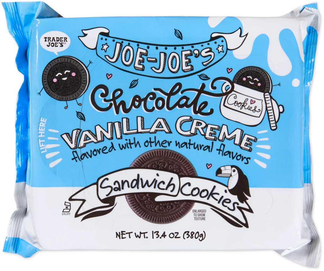 A package of Trader Joe’s Joe-Joe’s Chocolate Vanilla Creme Sandwich Cookies with illustrated cookies, a toucan, and splashes of milk on a blue and white background. The package weighs 13.4 oz (380g).