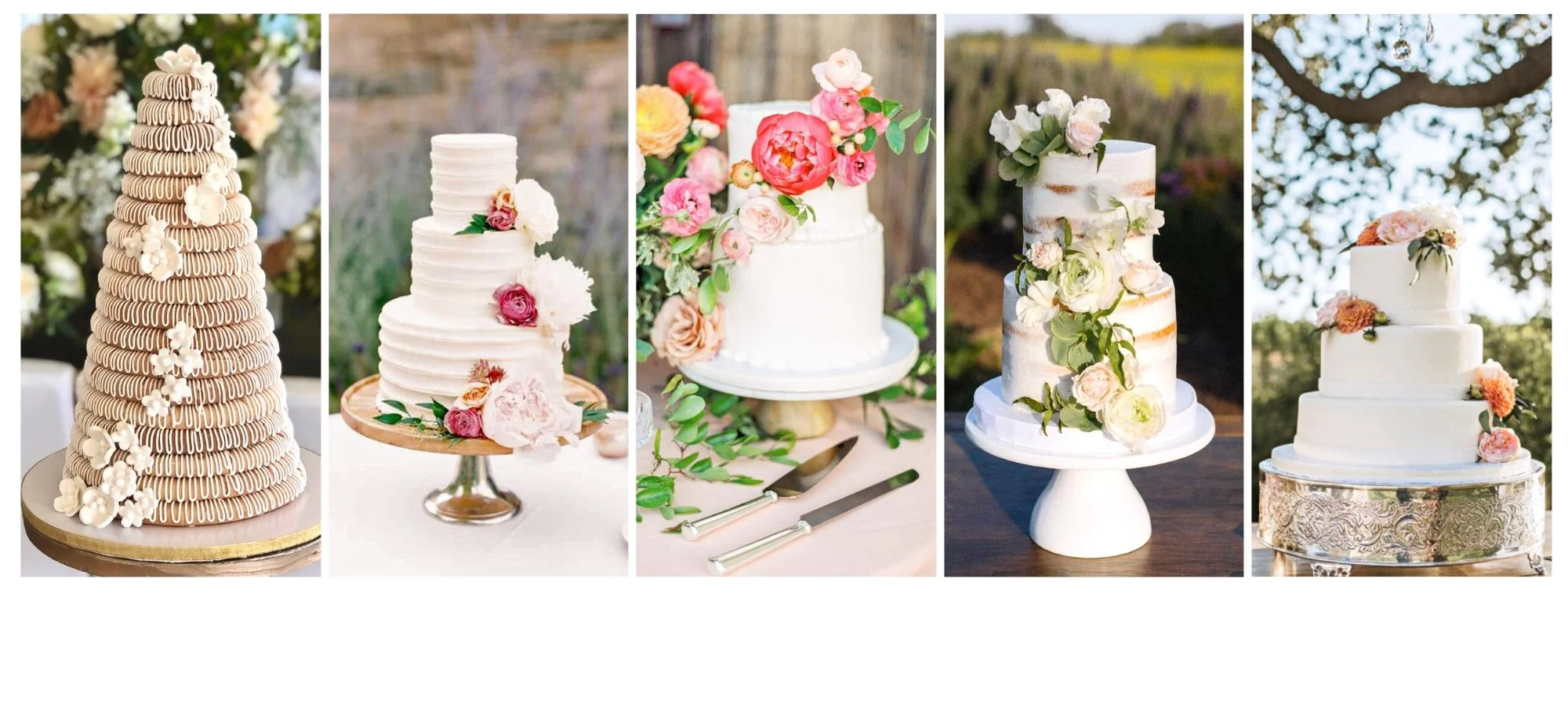 A collage of five elegant wedding cakes, each decorated with flowers or macarons; cakes are white or pastel and displayed on stands, with various floral arrangements for decoration.