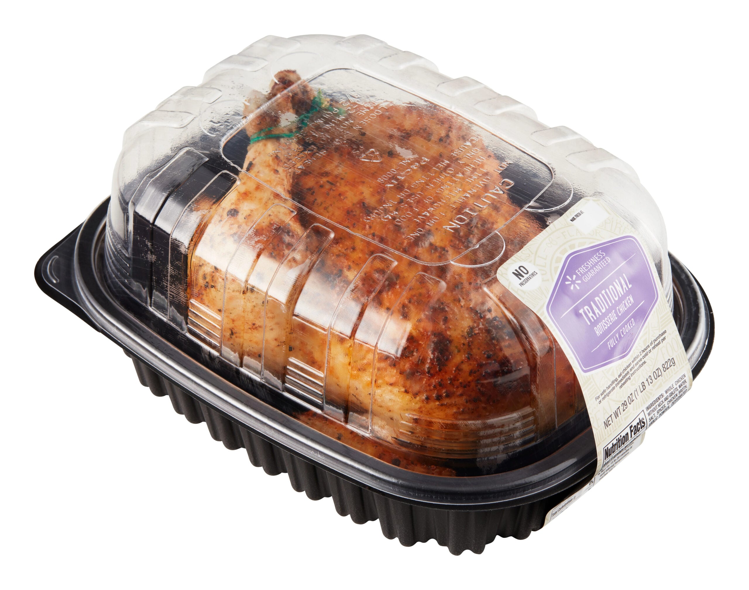 A whole Rotisserie Chicken in a clear plastic container with a black base and labeled top, letting you see the perfectly cooked, seasoned Rotisserie Chicken inside.
