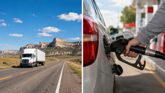 A split image: on the left, a white semi-truck drives along a highway with rocky cliffs in the background; on the right, in one of the states with cheap gas prices, a person refuels a car at a gas station, holding a black fuel nozzle.