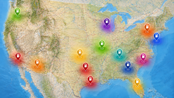 A map of the United States with colorful pins in various regions, each featuring a gas pump icon to highlight the cheapest gas near major cities across the country.