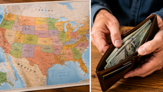 A split image showing a colorful map of the United States on the left and a person&rsquo;s hands holding an open wallet with several US hundred dollar bills on the right, representing the highest income states.