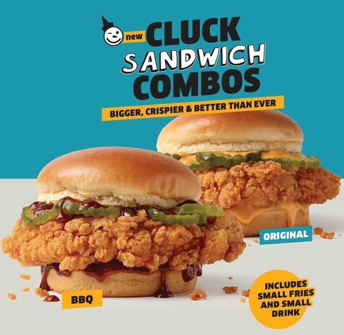 Two Chicken Sandwiches on buns with pickles—one "BBQ" with tangy sauce, one "Original." Try our Cluck Sandwich Combos, each with small fries and a drink. Bold, colorful design spotlights your new favorite Chicken Sandwich meal.