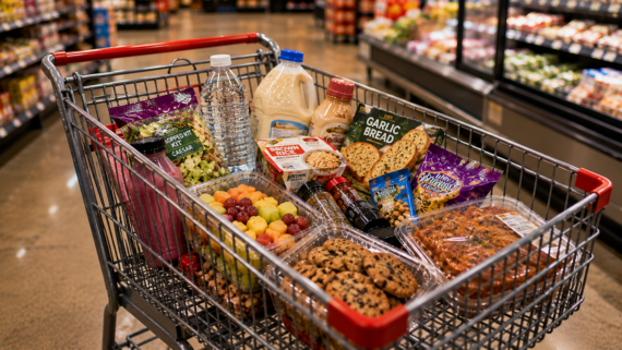 A grocery cart filled with various Grocery Store Items, including fruit, cookies, garlic bread, salad mix, milk, a water bottle, pasta, brown rice, salad dressing, and shredded cheese inside a supermarket aisle.