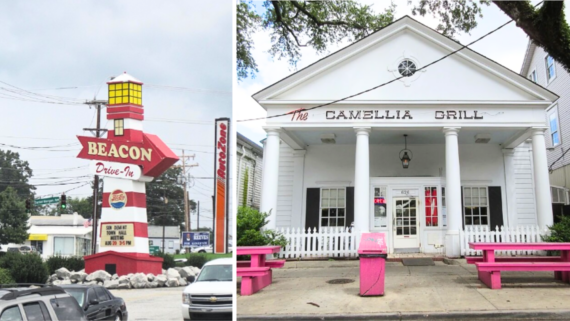 Split image: Left, a vintage red and yellow Beacon Drive-In sign with a lighthouse design. Right, the white-columned facade of The Camellia Grill diner, with pink benches in front. Both are classic American roadside restaurants.