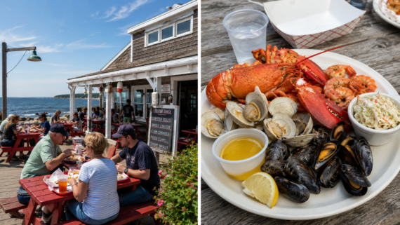 Split image: On the left, people dine at red picnic tables outside a seaside restaurant in a lively beach town; on the right, a close-up of a seafood platter with lobster, clams, mussels, coleslaw, lemon, butter, and water on a wooden table.