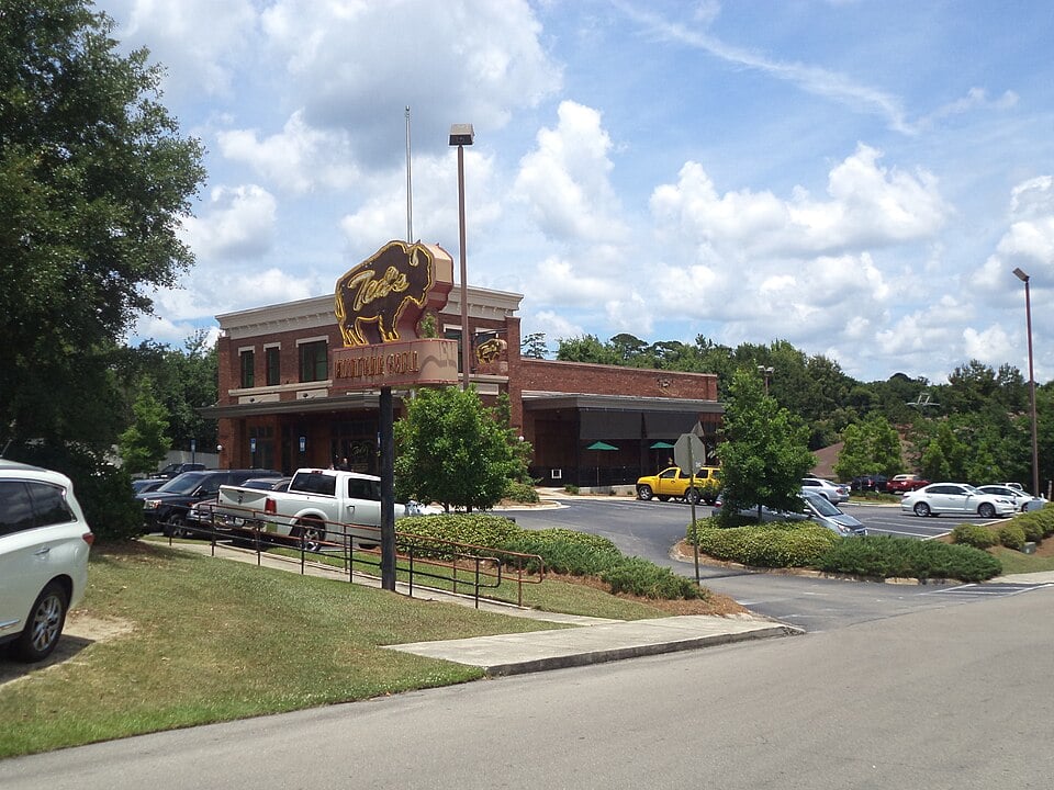 A brick restaurant building with a large sign featuring a buffalo and the words "Ted's Montana Grill." Cars are parked in the lot, and trees and bushes surround the area under a partly cloudy sky.