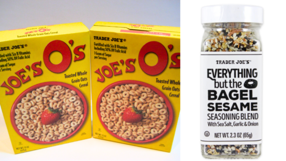 Two yellow boxes of Joe's O's cereal with a bowl of cereal and a strawberry on the front, next to a clear jar of Trader Joe&rsquo;s Everything but the Bagel Sesame Seasoning Blend&mdash;two Trader Joe's products that got worse over time.