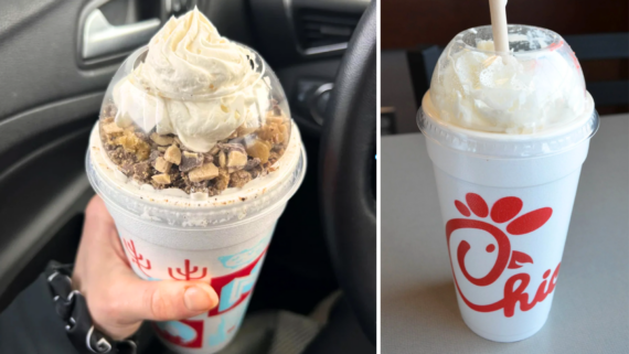 Two fast-food desserts: Chick-fil-A milkshakes&mdash;one with whipped cream and crushed candy, held in a car; the other plain with whipped cream and a straw, resting on a table.