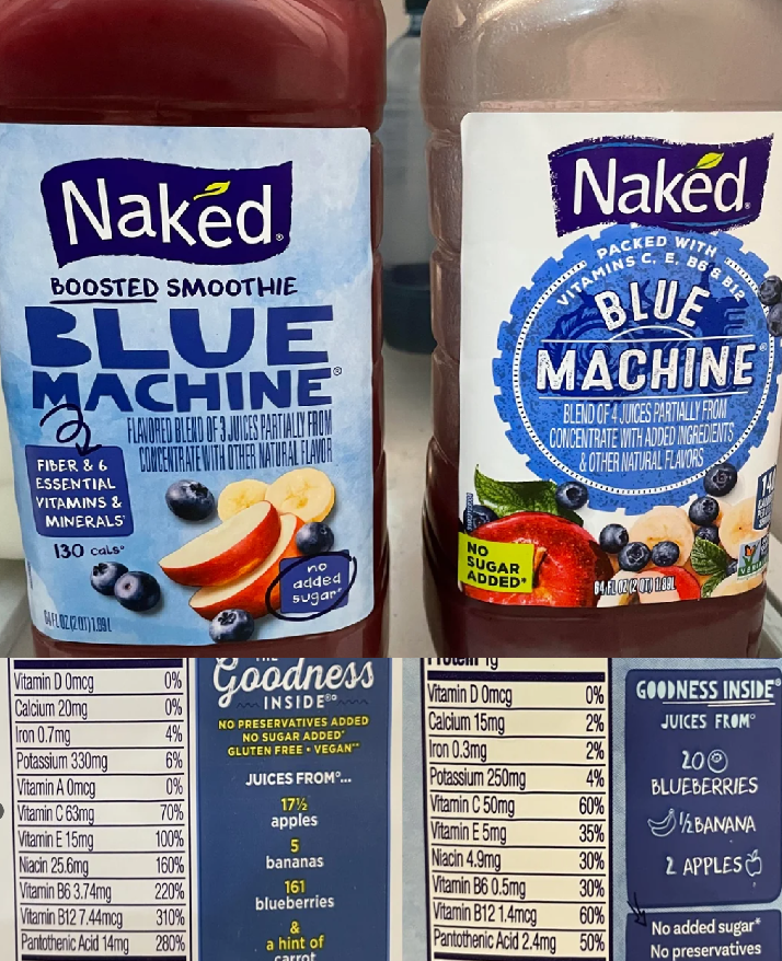 Two bottles of Naked Blue Machine smoothie are shown side by side. Both labels feature blueberries and fruit images, but one says "No Sugar Added" while the other doesn't. The ingredients and nutrition facts are partially visible below.