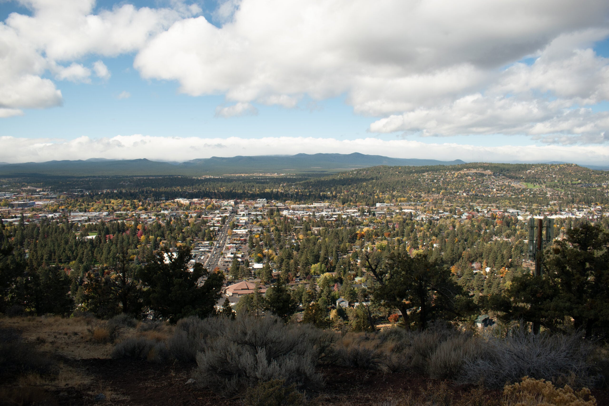 A wide view of a small city surrounded by trees and hills, seen from an elevated viewpoint under a partly cloudy sky.