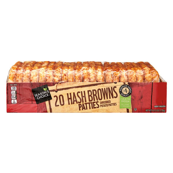 A package of Season’s Choice 20 Hash Browns Patties, featuring shredded potato patties in clear wrapping with a labeled cardboard sleeve showing nutrition info and cooking time.