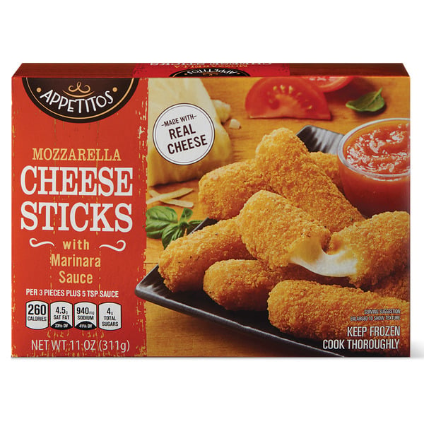 A box of Appetitos Mozzarella Cheese Sticks with Marinara Sauce is shown. The packaging displays crispy cheese sticks on a plate, a cup of marinara sauce, and product information.