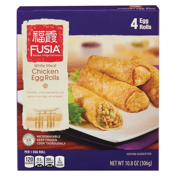 A box of Fusia Asian Inspirations White Meat Chicken Egg Rolls, showing four egg rolls on a plate with one cut open to reveal the filling. The box contains four egg rolls and weighs 10.8 oz.