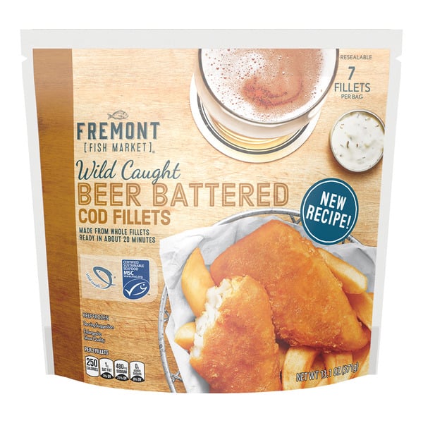 A package of Fremont Fish Market Wild Caught Beer Battered Cod Fillets, showing an image of cooked fillets with fries and a glass of beer. The label highlights "New Recipe" and contains nutrition and product details.