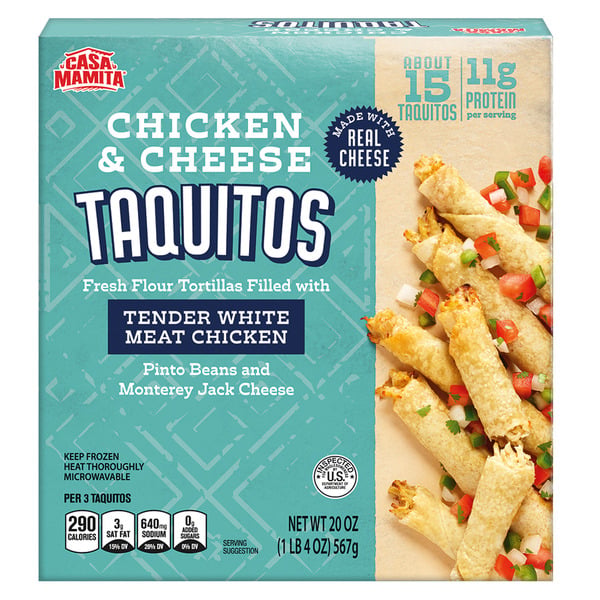 A box of Casa Mamita Chicken & Cheese Taquitos featuring an image of taquitos topped with salsa. The packaging highlights 11g protein, 290 calories per serving, and mentions pinto beans and Monterey Jack cheese.