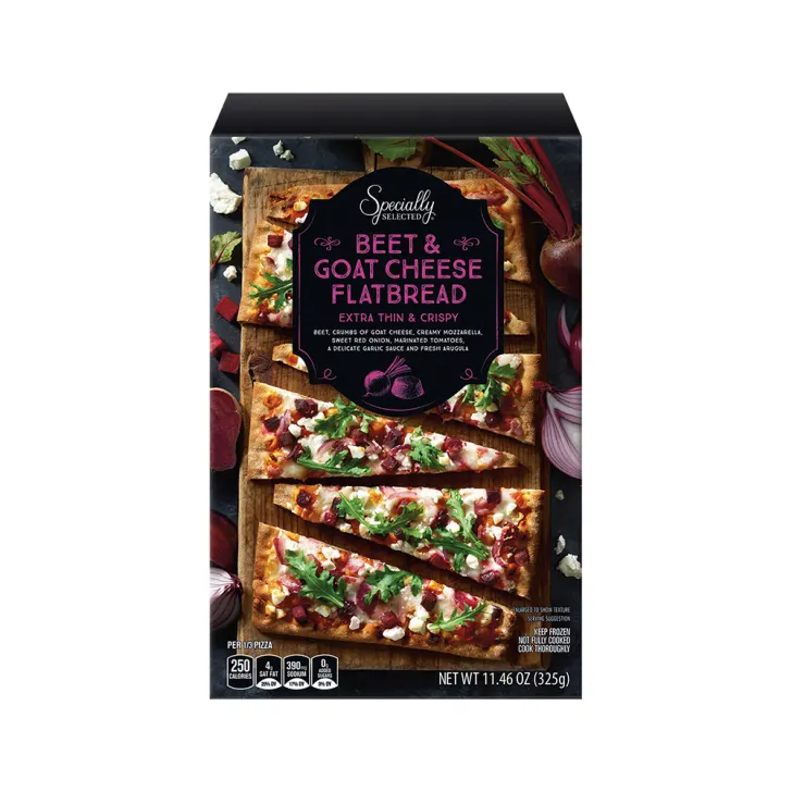 Box of Specially Selected Beet & Goat Cheese Flatbread, featuring an image of three rectangular slices topped with beets, goat cheese, mozzarella, and fresh herbs on a wooden board. Net weight is 11.46 oz (325g).