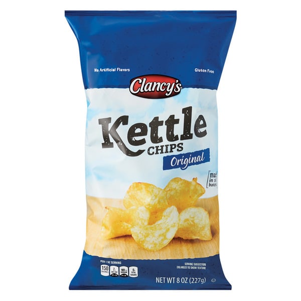 A blue and white bag of Clancy's Kettle Chips, Original flavor, featuring images of kettle-cooked potato chips on the front. The bag states "No Artificial Flavors" and "Gluten Free." Net weight is 8 oz (227g).