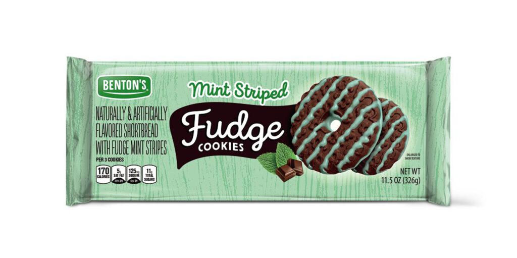 A package of Benton's Mint Striped Fudge Cookies, featuring images of mint leaves and chocolate pieces, with a large cookie drizzled in chocolate on a green background. The package is 11.5 oz (326g).