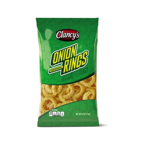 A green bag of Clancy's Original Onion Rings snacks, showing the brand name and product image on the front. The snack is visible through a clear section at the bottom of the bag. Net weight is 6 ounces (170g).