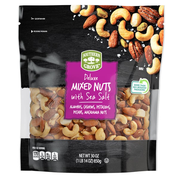 A bag of Southern Grove Deluxe Mixed Nuts with Sea Salt, showing assorted nuts like almonds, cashews, pistachios, pecans, and macadamia nuts on the front of the packaging.