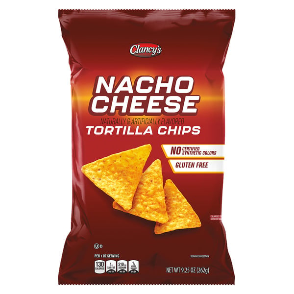 A bag of Clancy's Nacho Cheese Tortilla Chips—one of the best Aldi snacks—features three orange, triangular chips on the front. The packaging highlights "Gluten Free" and "No Certified Synthetic Colors." Net weight is 9.25 oz (262g).