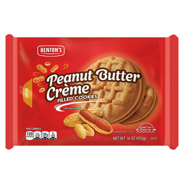 A red package of Benton's Peanut Butter Crème Filled Cookies, featuring tempting cookie and peanut images. This 16 oz (453g) treat is perfect for dipping and ranks among the best Aldi snacks for peanut butter lovers.
