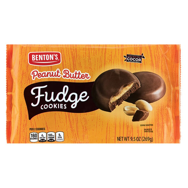 Package of Benton's Peanut Butter Fudge Cookies, showing two chocolate-covered cookies with a peanut butter filling and peanuts, on an orange background. The package displays nutritional info and net weight of 9.5 oz (269g).