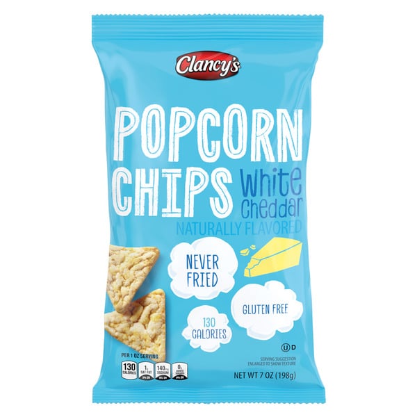 A blue bag of Clancy's Popcorn Chips, White Cheddar flavor. The packaging highlights that the chips are never fried, gluten-free, 130 calories per serving, and naturally flavored. Two triangular chips are pictured.