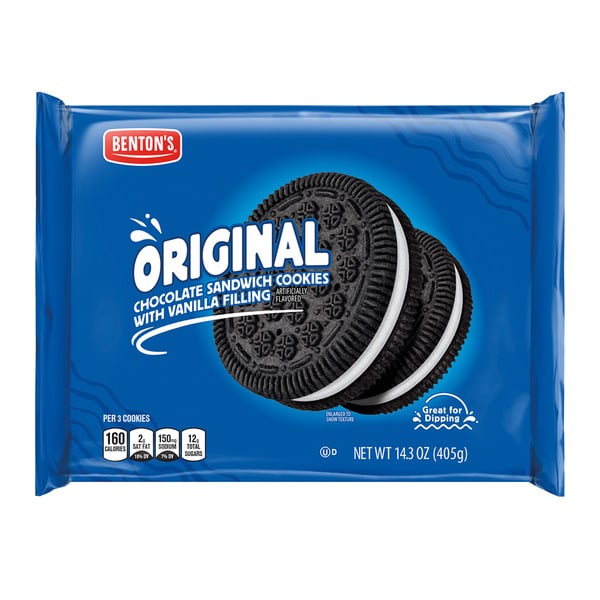 A blue package of Benton’s Original Chocolate Sandwich Cookies with vanilla filling, featuring two cookies on the front and nutrition information along the bottom. The package reads "Great for Dipping!" and weighs 14.3 oz (405g).