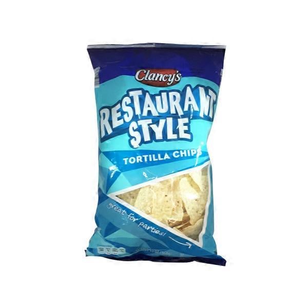 A blue and white bag of Clancy's Restaurant Style Tortilla Chips is shown upright, with some chips visible through a clear window on the lower part of the packaging.