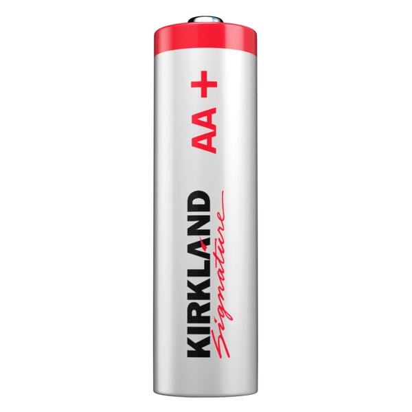 A silver Kirkland Signature AA battery with a red top, featuring bold black and red text indicating the brand, battery size, and a red plus sign for the positive terminal.