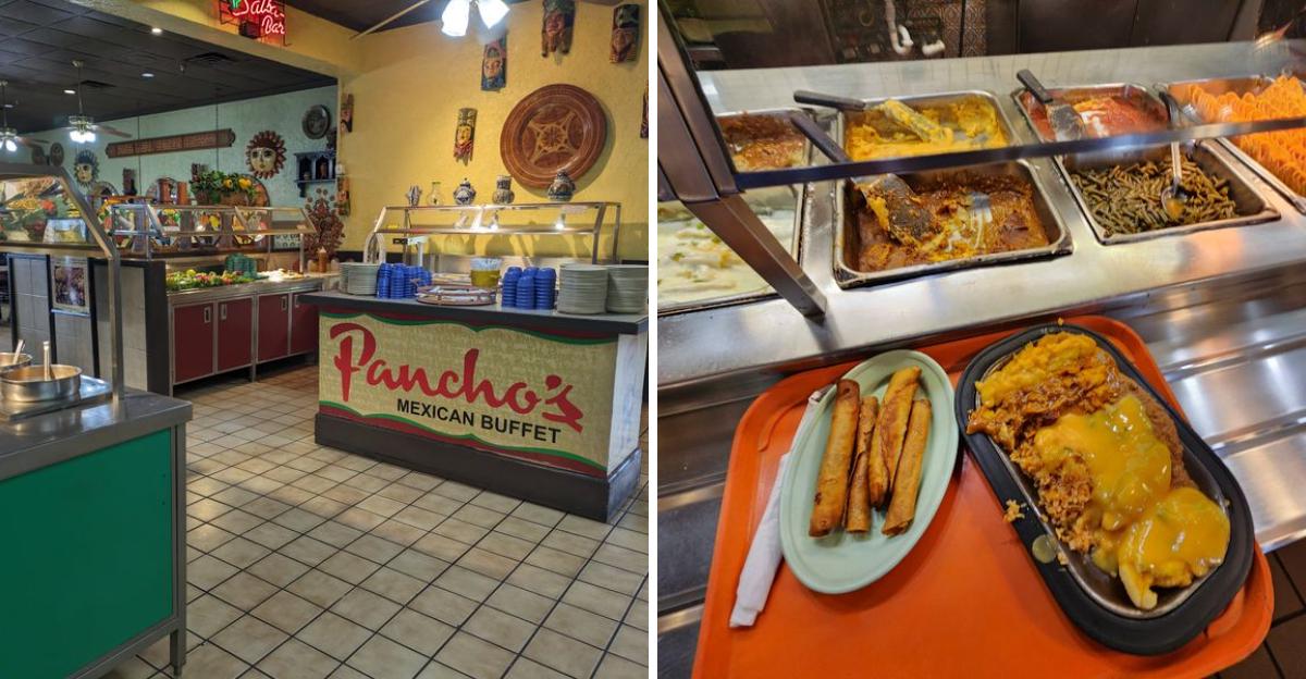 A Mexican buffet restaurant with colorful decor and serving stations. Close-up shows a tray with enchiladas, taquitos, beans, rice, and cheese-covered dishes beside a buffet line of hot food items.