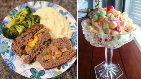A plate with broccoli, mashed potatoes, and sliced meatloaf filled with vegetables&mdash;classic foods that boomers still eat&mdash;sits on the left; on the right is a glass dish of colorful fruit salad with marshmallows and cherries.