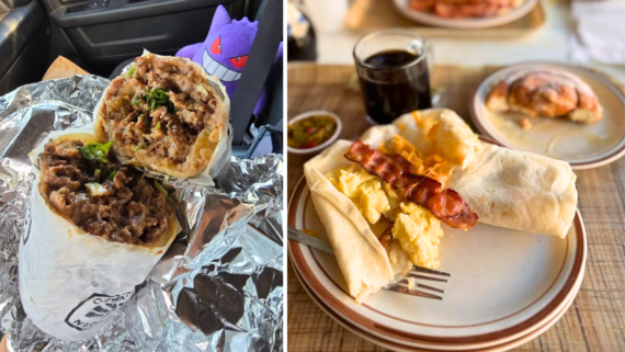 On the left, a foil-wrapped burrito filled with meat, beans, and green peppers is held in a car with a Gengar plush in the background&mdash;perfect inspo for breakfast burrito spots. On the right, a classic plate of scrambled eggs, bacon, and tortilla next to a drink.