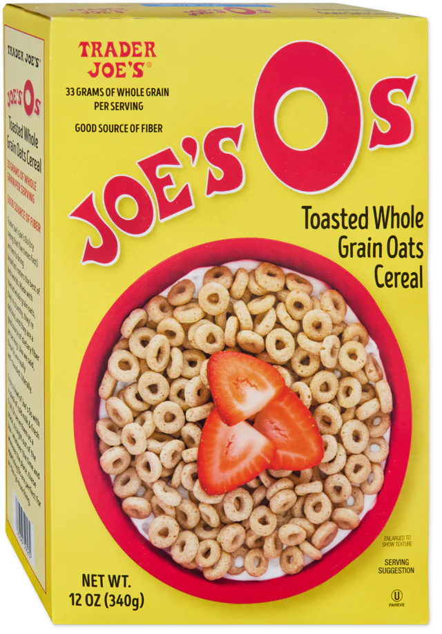 A yellow box of Trader Joe's Joe's Os Toasted Whole Grain Oats Cereal, featuring a bowl of round oat cereal topped with sliced strawberries on the front. The box highlights the cereal as a good source of whole grains and fiber.