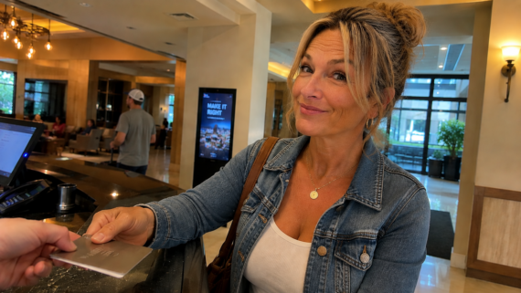 A woman in a denim jacket smiles as she checks in at a hotel front desk, handing over a card to a staff member. The warmly lit lobby hints at the inviting charm often found in cheaper resort towns with modern decor.
