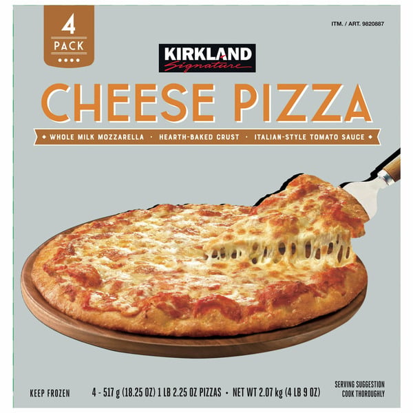 Box of Kirkland Signature Cheese Pizza, showing a whole cooked pizza with a slice being lifted. The packaging highlights four pizzas, whole milk mozzarella, hearth-baked crust, and Italian-style sauce. Best and worst Costco products. 