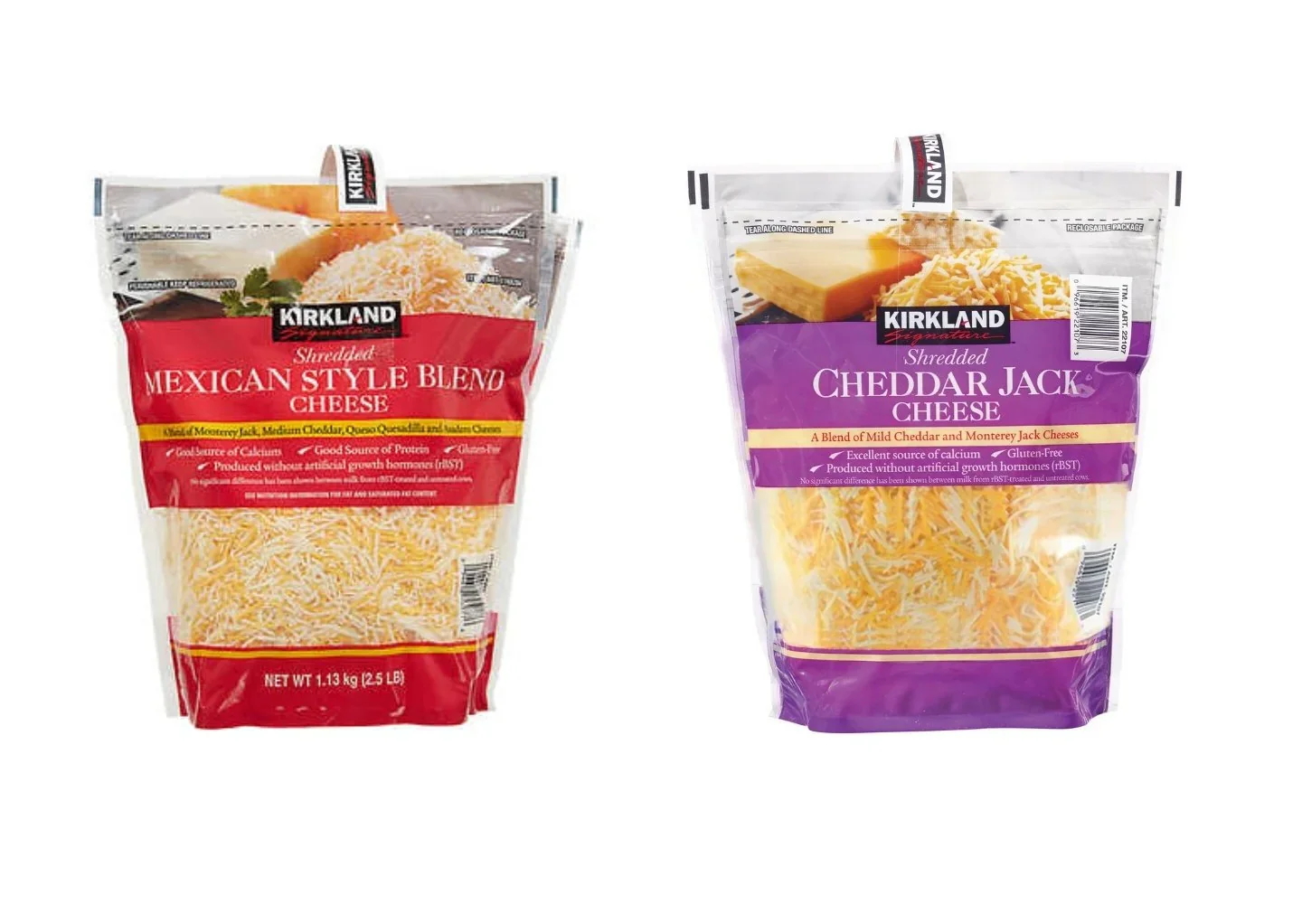 Two Kirkland shredded cheese bags: one labeled "Mexican Style Blend Cheese" in red packaging, and the other "Cheddar Jack Cheese" in purple packaging, both standing upright against a white background.