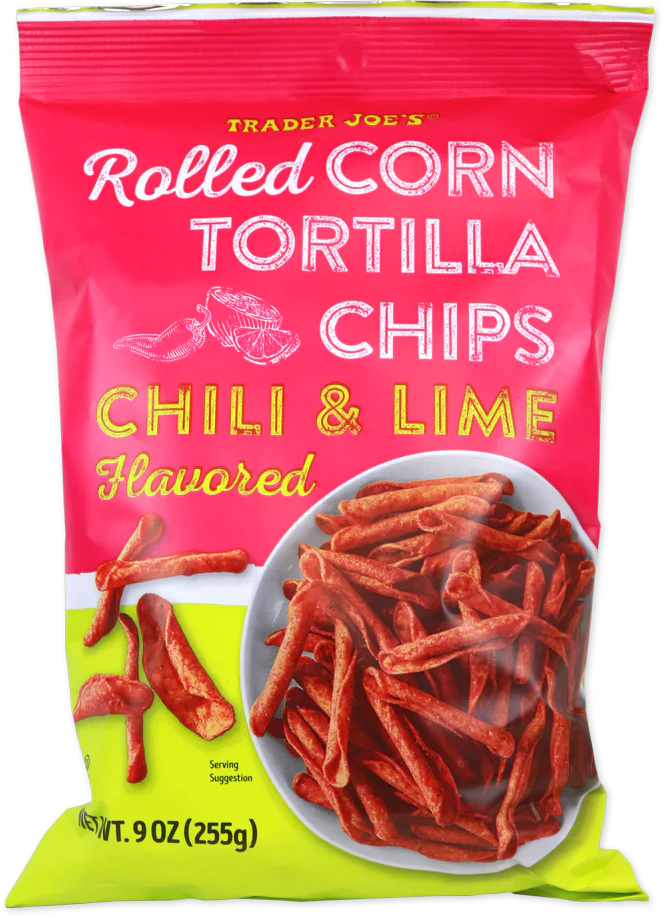 A bag of Trader Joe's Rolled Corn Tortilla Chips, Chili & Lime Flavored, with images of the chips and a bowl on the front. The bag is pink, red, and yellow, and weighs 9 oz (255g).