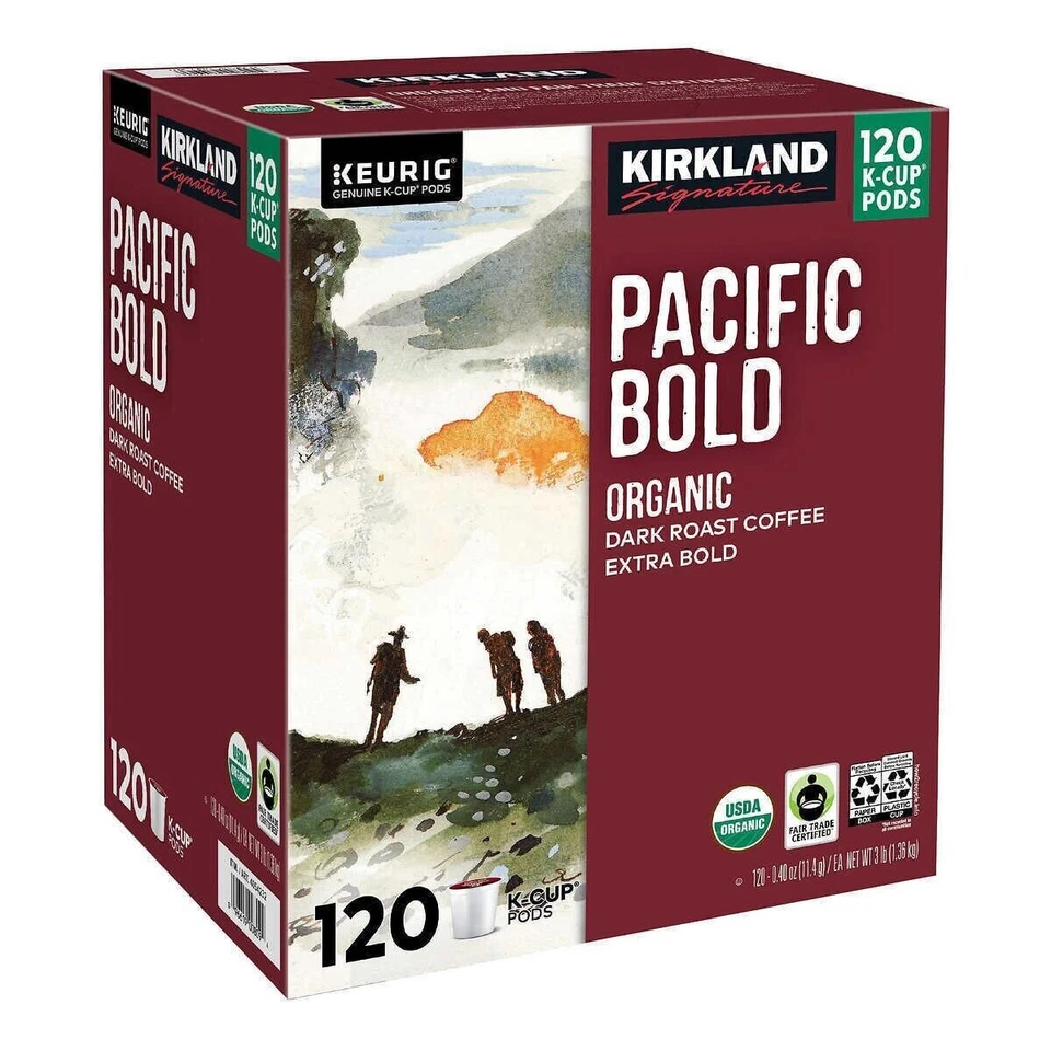A box of Kirkland Signature Pacific Bold Organic Dark Roast Coffee Extra Bold, containing 120 K-Cup pods. The packaging features a watercolor landscape and product details in white text on a red background.