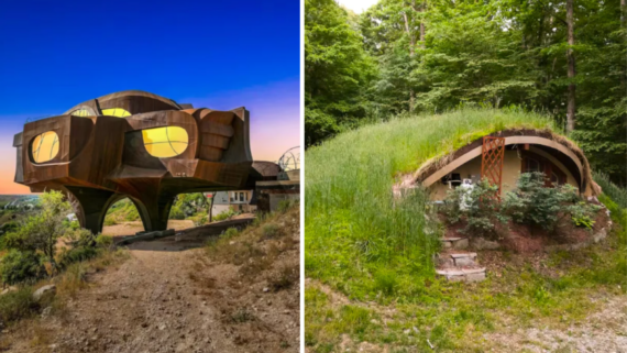 Left: Futuristic, corten steel house elevated on stilts. Right: Hobbit-style home covered in grass in a forest&mdash;these are among the coolest Airbnbs for a truly unique stay.