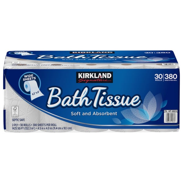 A 30-roll pack of Kirkland Signature Bath Tissue, labeled as soft and absorbent, 2-ply, 380 sheets per roll. The blue packaging highlights "wide sheets" and "septic safe"—a popular choice in the Costco vs Walmart debate.