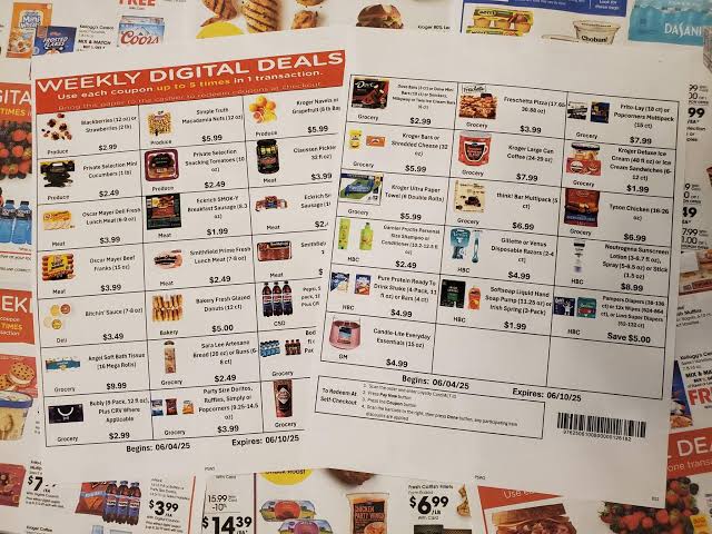 A printed grocery store flyer displays weekly digital deals on various products including snacks, beverages, and household items, with prices, product images, and barcodes. Dates for offer validity are listed at the bottom.