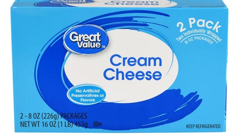 A blue box of Great Value Cream Cheese, labeled as a 2-pack with two 8 oz packages, totaling 16 oz (1 lb) or 453g. The box highlights "No Artificial Preservatives or Flavors" and requires refrigeration.