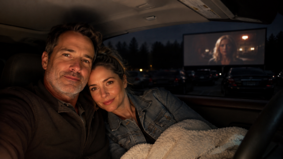 A couple sits close together in a car at a drive-in movie theater at night, wrapped in a blanket, taking a selfie with a film playing on the big outdoor screen&mdash;one of the best cheap things to do for a cozy night out.