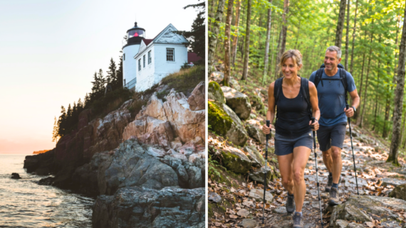 Split image: On the left, a white lighthouse sits atop rocky cliffs by the ocean at sunset. On the right, a smiling couple enjoys a budget-friendly weekend trip, hiking with trekking poles through a sunlit forest on a rocky trail.