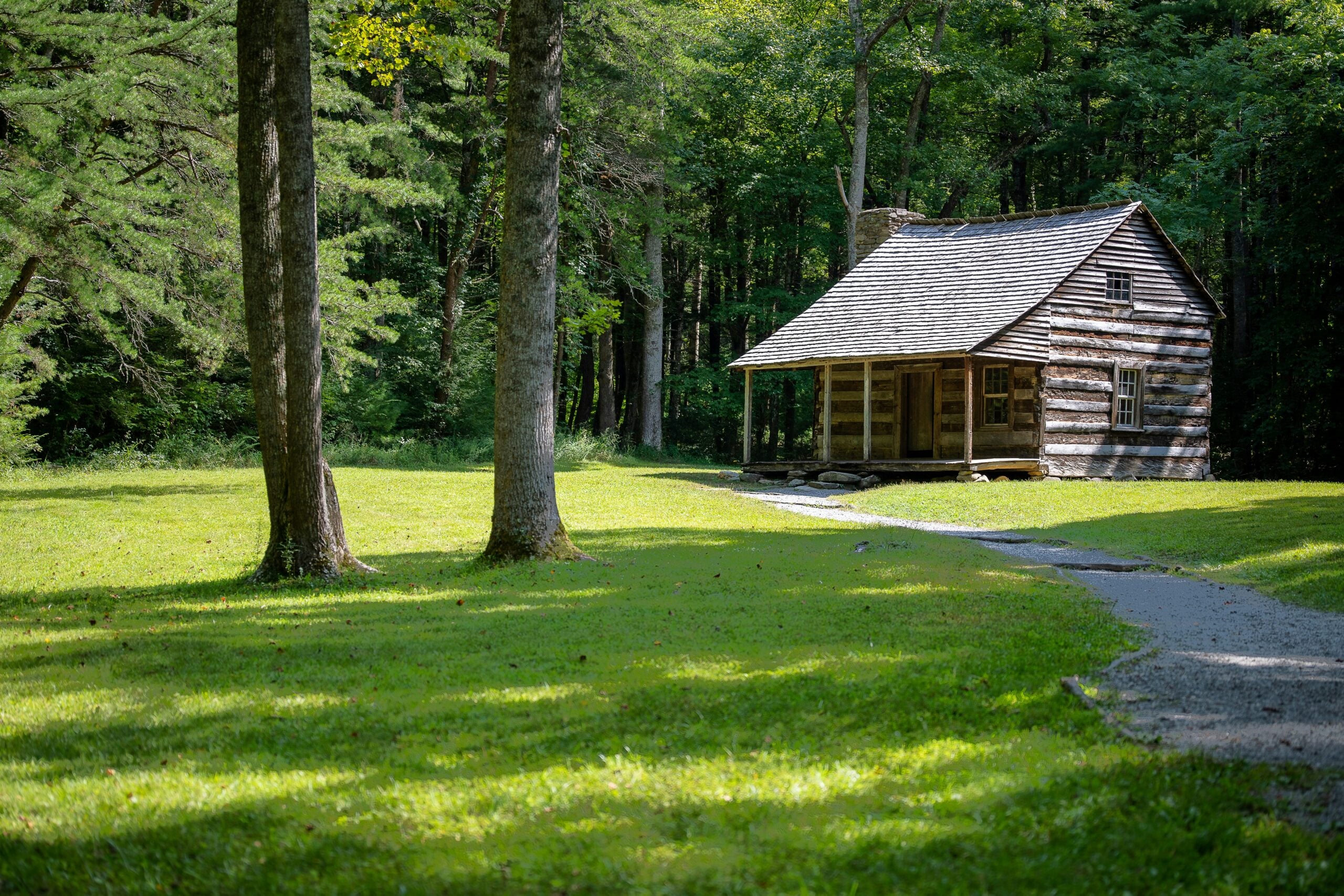 A small rustic log cabin with a covered porch sits in a grassy clearing surrounded by tall trees and forest in the background. A dirt path leads up to the cabin through the green lawn.