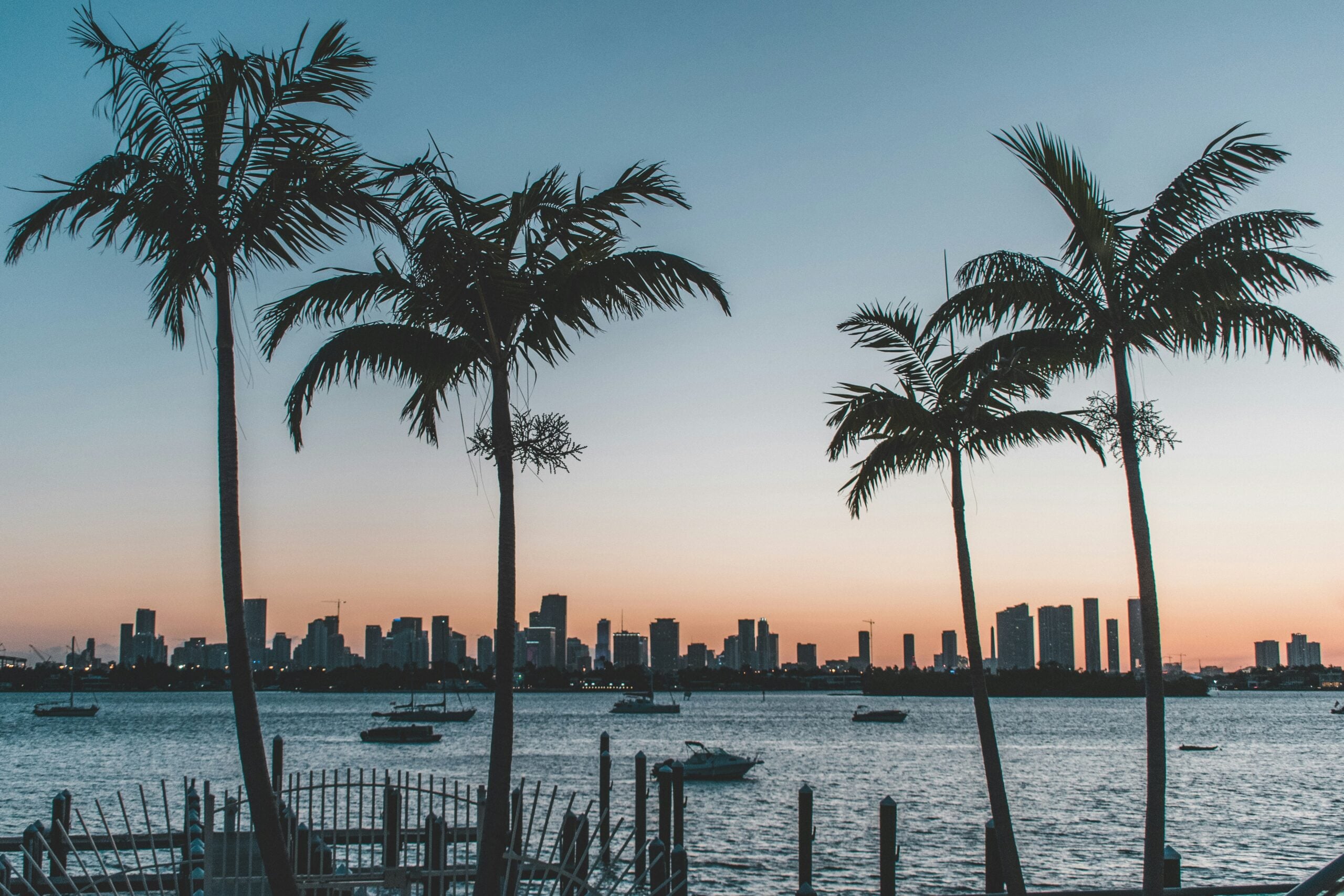 Silhouettes of palm trees frame a city skyline at sunset, with calm water and boats in the foreground. The sky transitions from orange near the horizon to blue above.